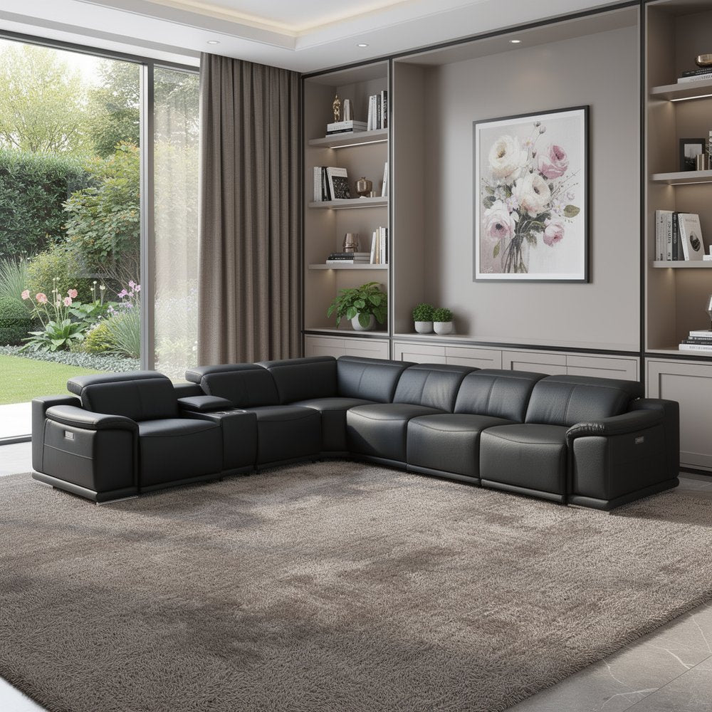 Black Italian Leather Power Reclining U Shaped Seven Piece Corner Sectional With Console HomeRoots