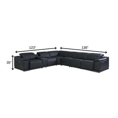 Black Italian Leather Power Reclining U Shaped Seven Piece Corner Sectional With Console HomeRoots