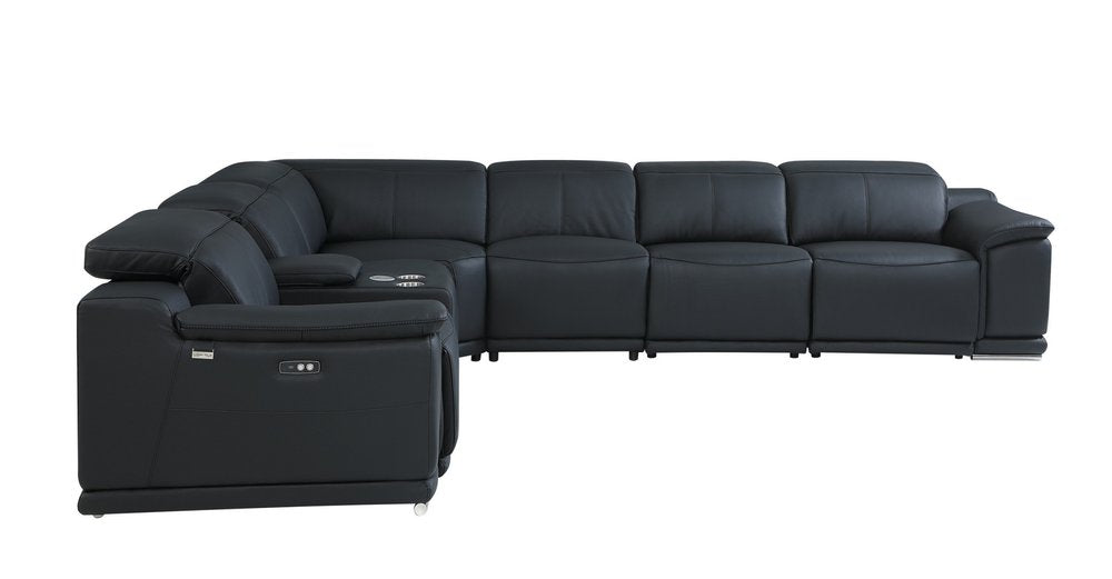 Black Italian Leather Power Reclining U Shaped Seven Piece Corner Sectional With Console HomeRoots