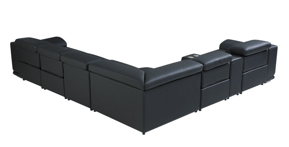 Black Italian Leather Power Reclining U Shaped Seven Piece Corner Sectional With Console HomeRoots