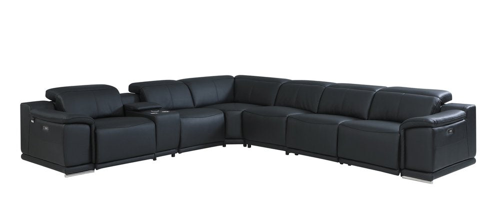 Black Italian Leather Power Reclining U Shaped Seven Piece Corner Sectional With Console HomeRoots