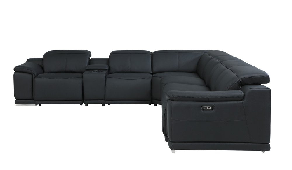 Black Italian Leather Power Reclining U Shaped Seven Piece Corner Sectional With Console HomeRoots