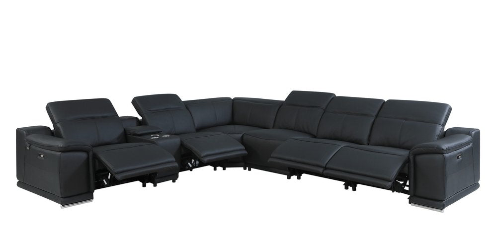 Black Italian Leather Power Reclining U Shaped Seven Piece Corner Sectional With Console HomeRoots