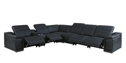 Black Italian Leather Power Reclining U Shaped Seven Piece Corner Sectional With Console HomeRoots