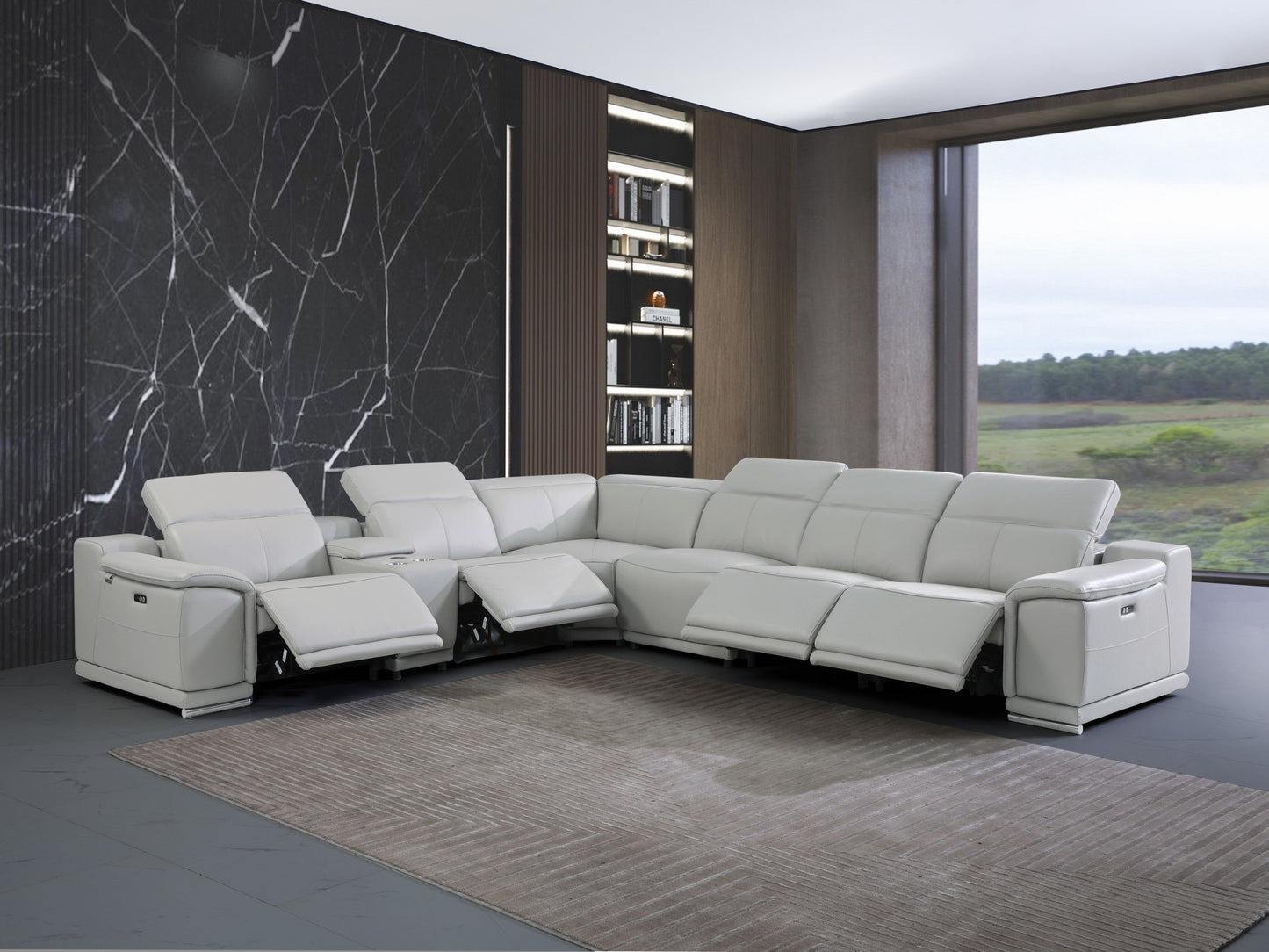 Light Gray Italian Leather Power Reclining U Shaped Seven Piece Corner Sectional With Console