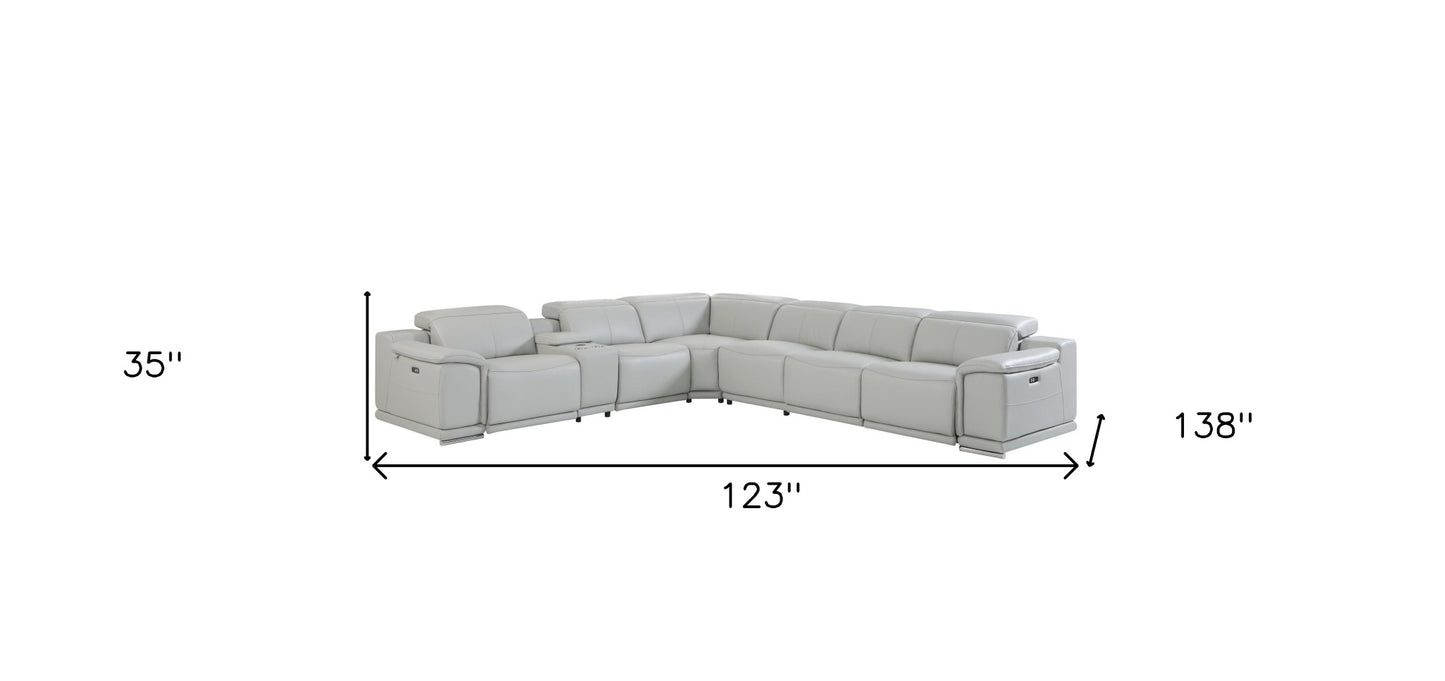 Light Gray Italian Leather Power Reclining U Shaped Seven Piece Corner Sectional With Console