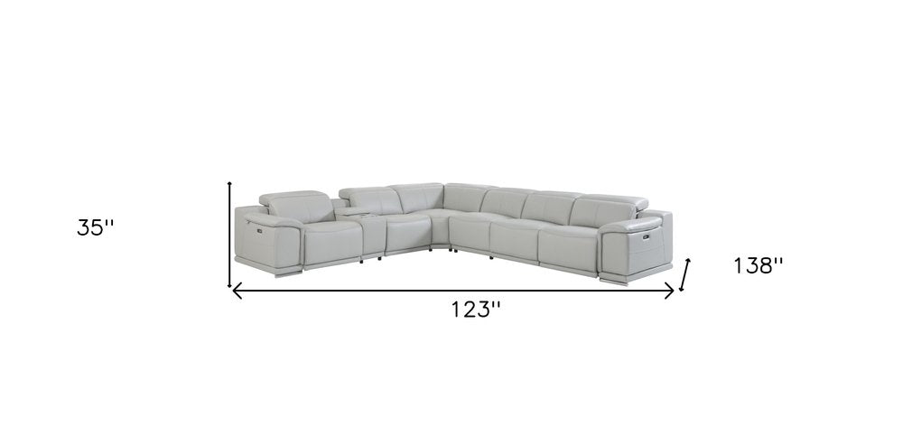 Light Gray Italian Leather Power Reclining U Shaped Seven Piece Corner Sectional With Console HomeRoots