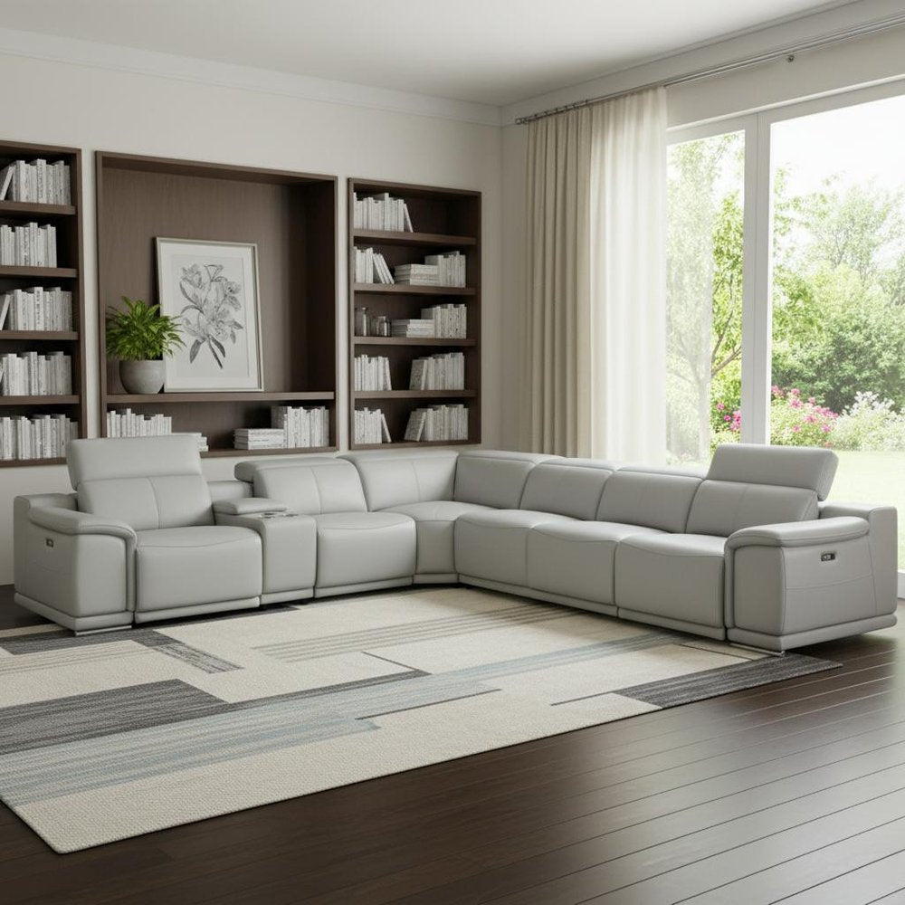 Light Gray Italian Leather Power Reclining U Shaped Seven Piece Corner Sectional With Console HomeRoots