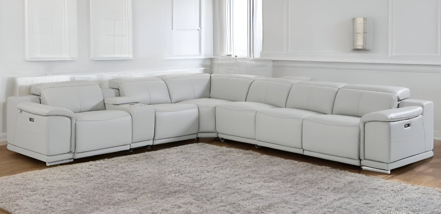 Light Gray Italian Leather Power Reclining U Shaped Seven Piece Corner Sectional With Console