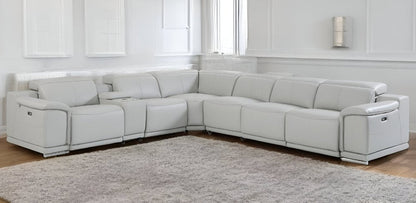 Light Gray Italian Leather Power Reclining U Shaped Seven Piece Corner Sectional With Console HomeRoots