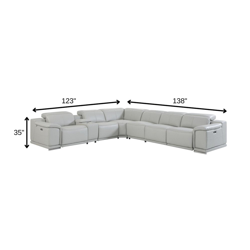 Light Gray Italian Leather Power Reclining U Shaped Seven Piece Corner Sectional With Console HomeRoots