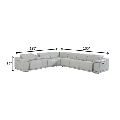 Light Gray Italian Leather Power Reclining U Shaped Seven Piece Corner Sectional With Console HomeRoots