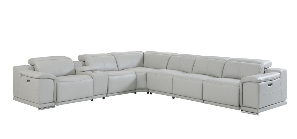 Light Gray Italian Leather Power Reclining U Shaped Seven Piece Corner Sectional With Console HomeRoots