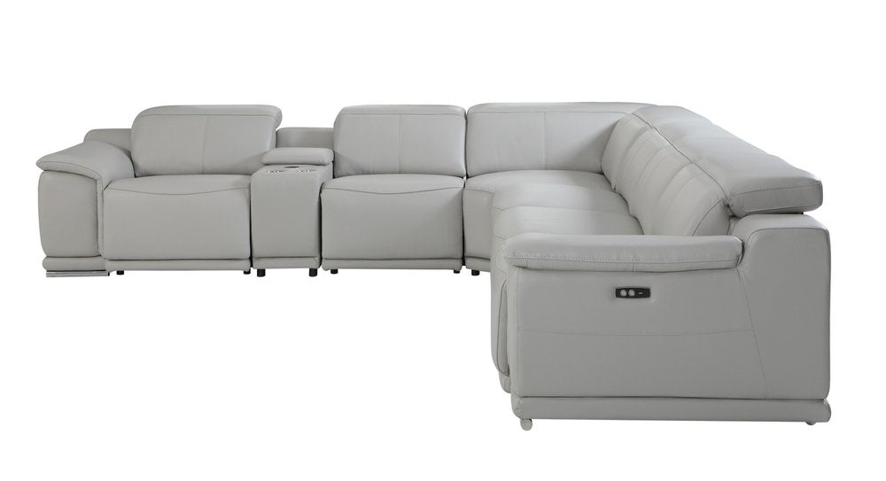 Light Gray Italian Leather Power Reclining U Shaped Seven Piece Corner Sectional With Console HomeRoots