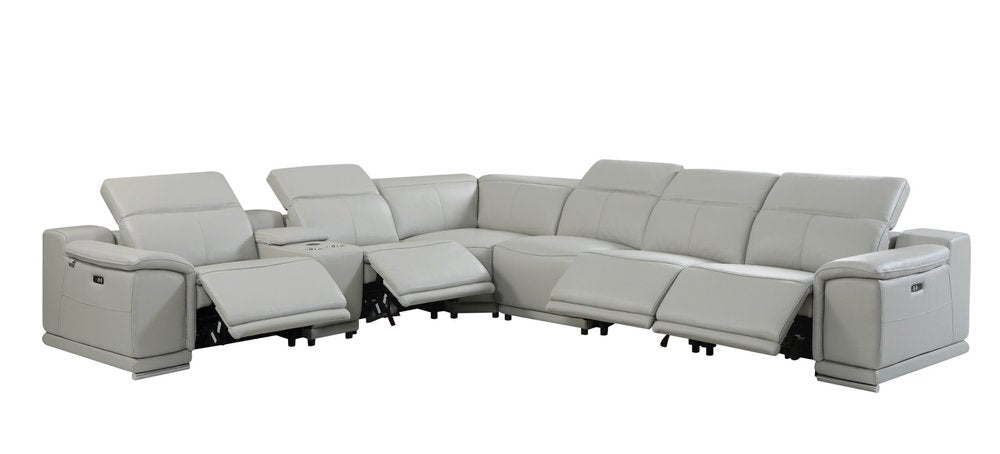 Light Gray Italian Leather Power Reclining U Shaped Seven Piece Corner Sectional With Console HomeRoots