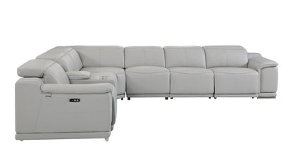 Light Gray Italian Leather Power Reclining U Shaped Seven Piece Corner Sectional With Console HomeRoots