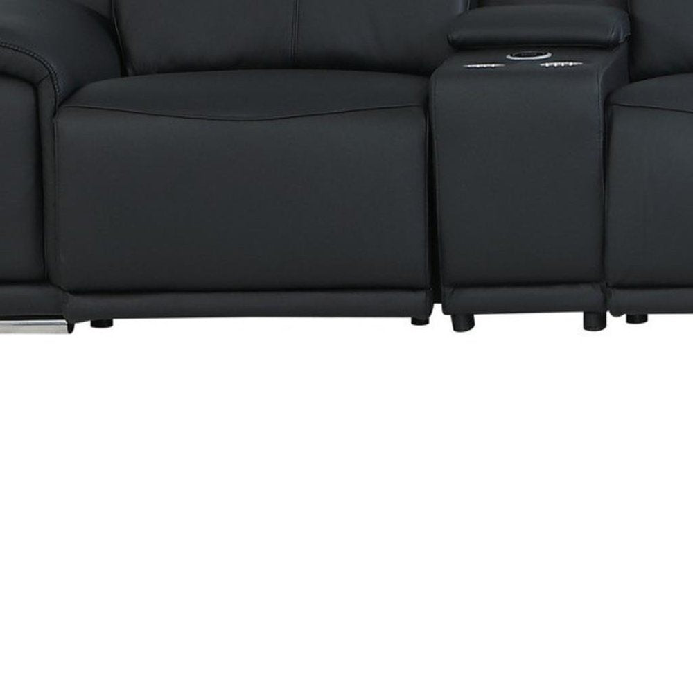 Black Italian Leather Power Reclining U Shaped Eight Piece Corner Sectional With Console HomeRoots