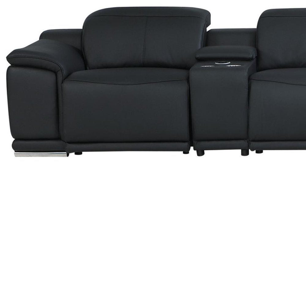 Black Italian Leather Power Reclining U Shaped Eight Piece Corner Sectional With Console HomeRoots