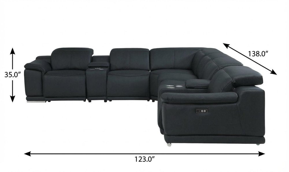 Black Italian Leather Power Reclining U Shaped Eight Piece Corner Sectional With Console HomeRoots