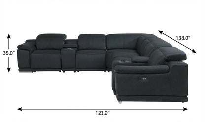Black Italian Leather Power Reclining U Shaped Eight Piece Corner Sectional With Console HomeRoots