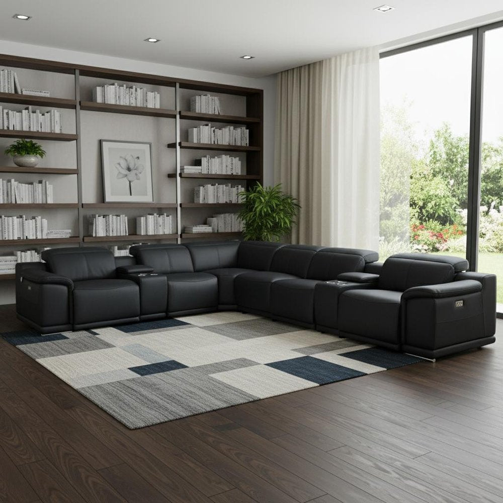 Black Italian Leather Power Reclining U Shaped Eight Piece Corner Sectional With Console HomeRoots