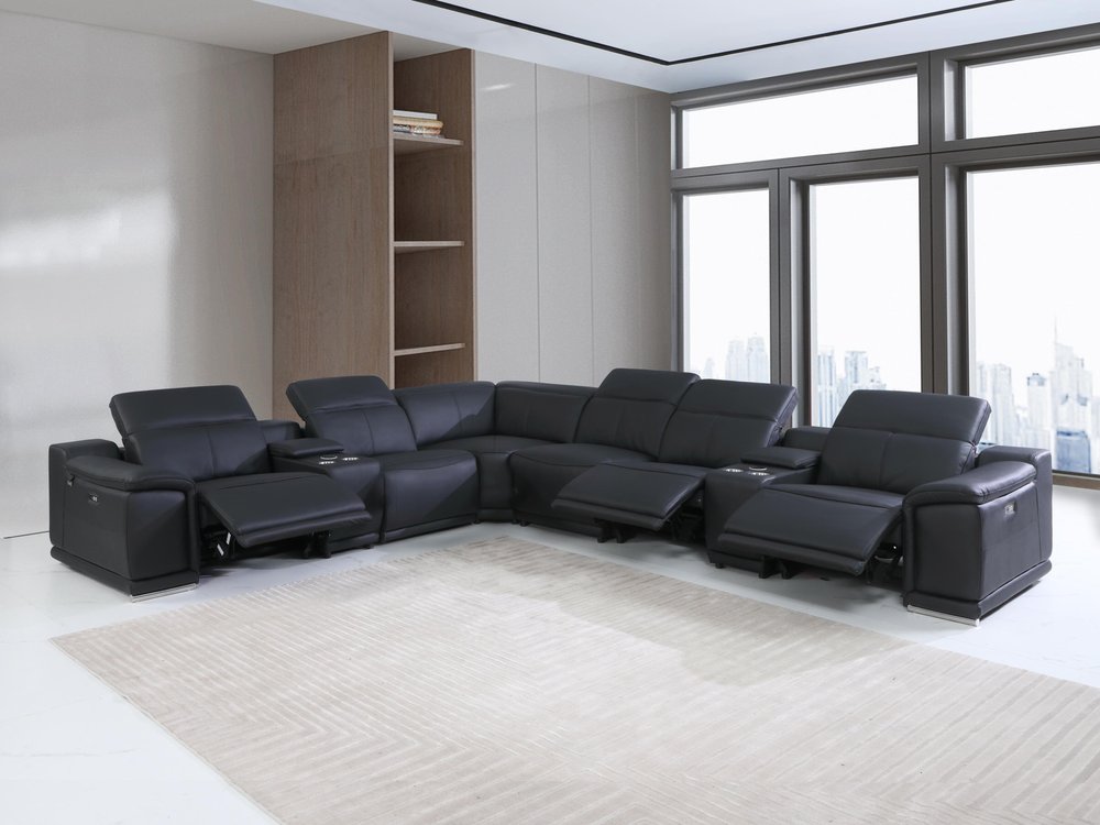 Black Italian Leather Power Reclining U Shaped Eight Piece Corner Sectional With Console HomeRoots