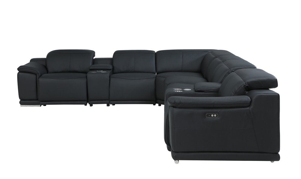 Black Italian Leather Power Reclining U Shaped Eight Piece Corner Sectional With Console HomeRoots