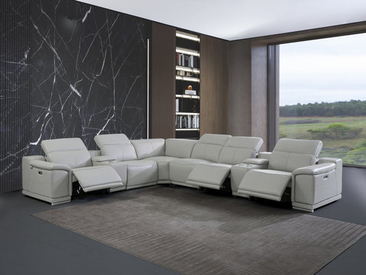 Light Gray Italian Leather Power Reclining U Shaped Eight Piece Corner Sectional With Console