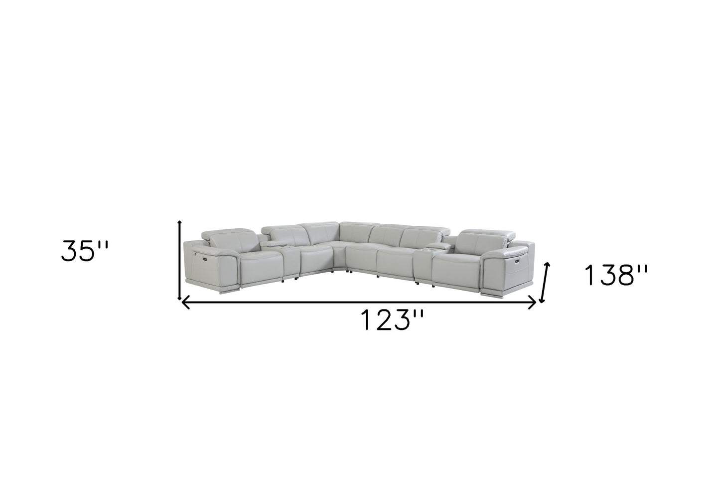 Light Gray Italian Leather Power Reclining U Shaped Eight Piece Corner Sectional With Console