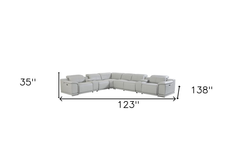 Light Gray Italian Leather Power Reclining U Shaped Eight Piece Corner Sectional With Console HomeRoots