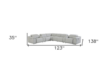 Light Gray Italian Leather Power Reclining U Shaped Eight Piece Corner Sectional With Console HomeRoots