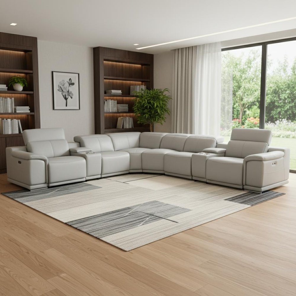 Light Gray Italian Leather Power Reclining U Shaped Eight Piece Corner Sectional With Console HomeRoots