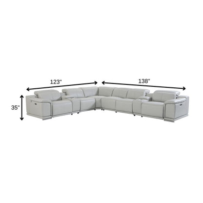 Light Gray Italian Leather Power Reclining U Shaped Eight Piece Corner Sectional With Console HomeRoots