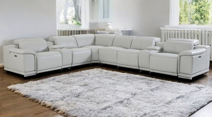 Light Gray Italian Leather Power Reclining U Shaped Eight Piece Corner Sectional With Console