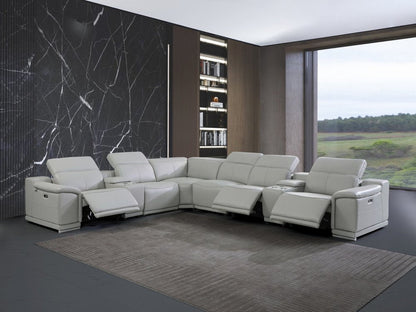 Light Gray Italian Leather Power Reclining U Shaped Eight Piece Corner Sectional With Console HomeRoots