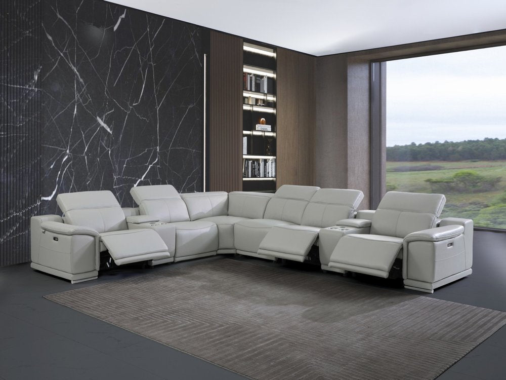 Light Gray Italian Leather Power Reclining U Shaped Eight Piece Corner Sectional With Console HomeRoots