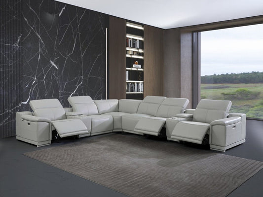 Light Gray Italian Leather Power Reclining U Shaped Eight Piece Corner Sectional With Console HomeRoots