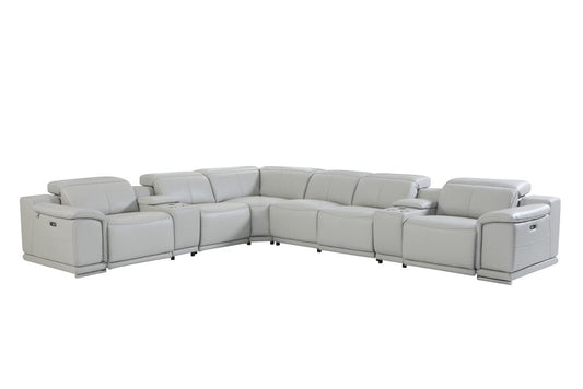 Light Gray Italian Leather Power Reclining U Shaped Eight Piece Corner Sectional With Console HomeRoots