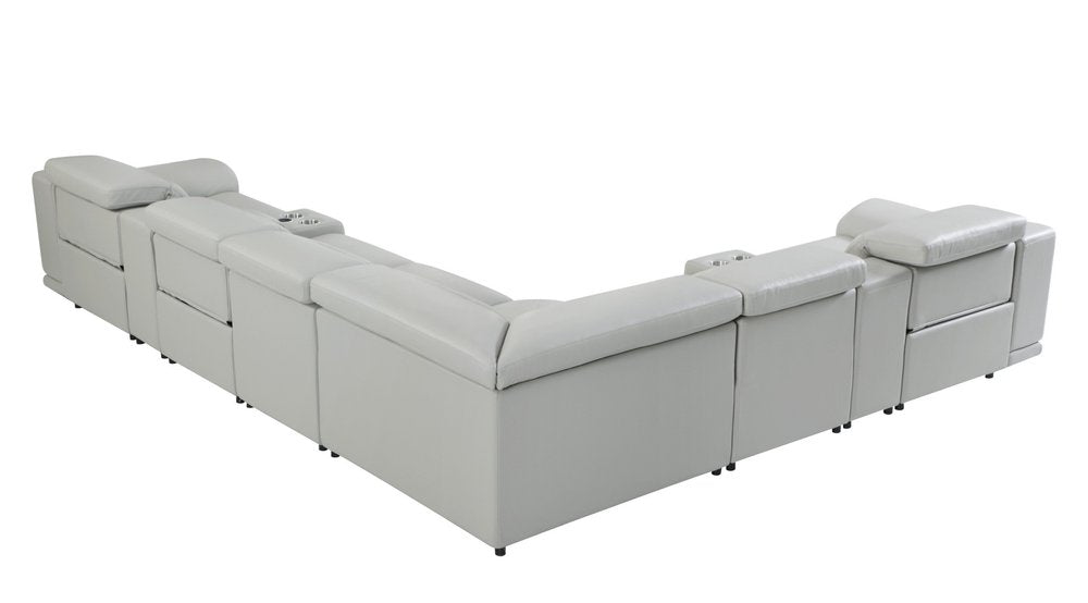 Light Gray Italian Leather Power Reclining U Shaped Eight Piece Corner Sectional With Console HomeRoots