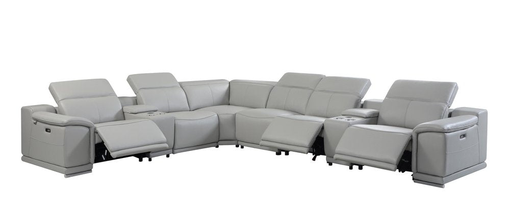 Light Gray Italian Leather Power Reclining U Shaped Eight Piece Corner Sectional With Console HomeRoots
