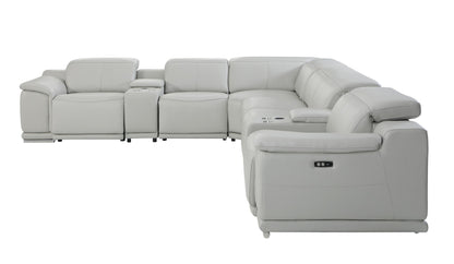 Light Gray Italian Leather Power Reclining U Shaped Eight Piece Corner Sectional With Console