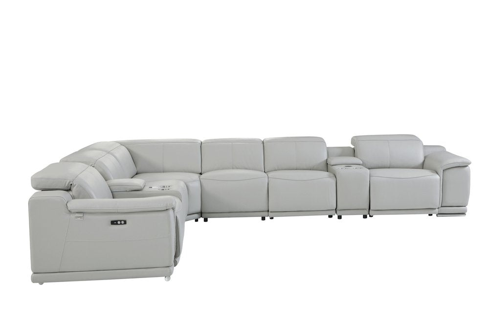 Light Gray Italian Leather Power Reclining U Shaped Eight Piece Corner Sectional With Console HomeRoots