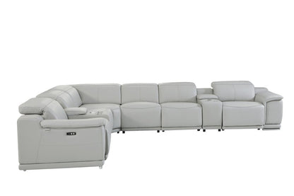 Light Gray Italian Leather Power Reclining U Shaped Eight Piece Corner Sectional With Console HomeRoots