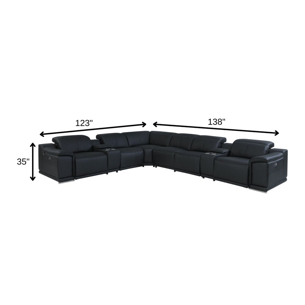 Black Italian Leather Power Reclining U Shaped Eight Piece Corner Sectional With Console HomeRoots