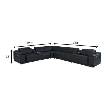 Black Italian Leather Power Reclining U Shaped Eight Piece Corner Sectional With Console HomeRoots