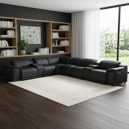 Black Italian Leather Power Reclining U Shaped Eight Piece Corner Sectional With Console HomeRoots