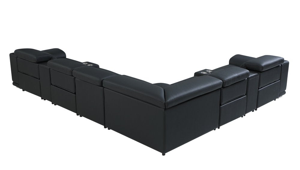 Black Italian Leather Power Reclining U Shaped Eight Piece Corner Sectional With Console HomeRoots