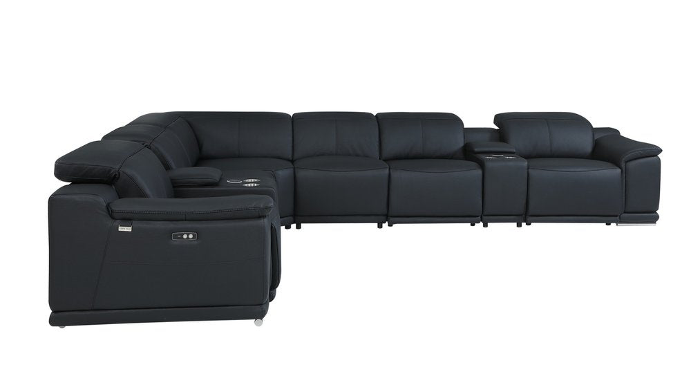 Black Italian Leather Power Reclining U Shaped Eight Piece Corner Sectional With Console HomeRoots