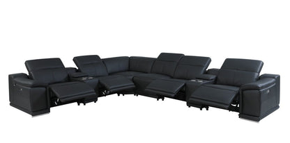 Black Italian Leather Power Reclining U Shaped Eight Piece Corner Sectional With Console HomeRoots
