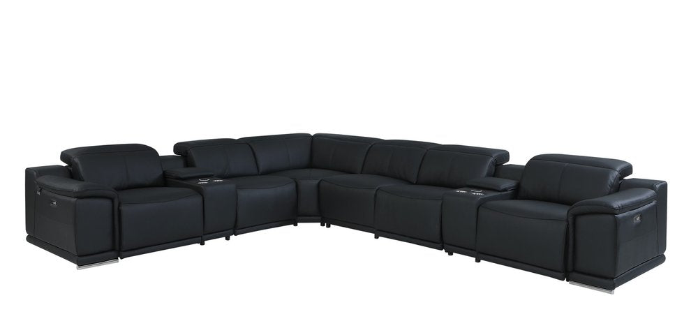 Black Italian Leather Power Reclining U Shaped Eight Piece Corner Sectional With Console HomeRoots